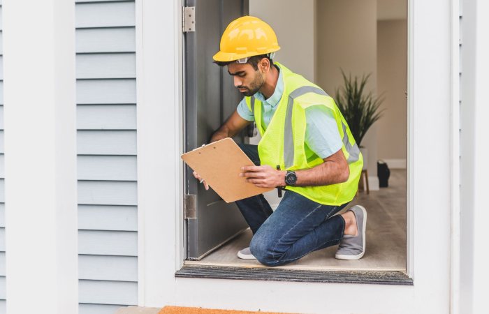 A home inspector wearing safety gear examines a house interior for safety compliance.