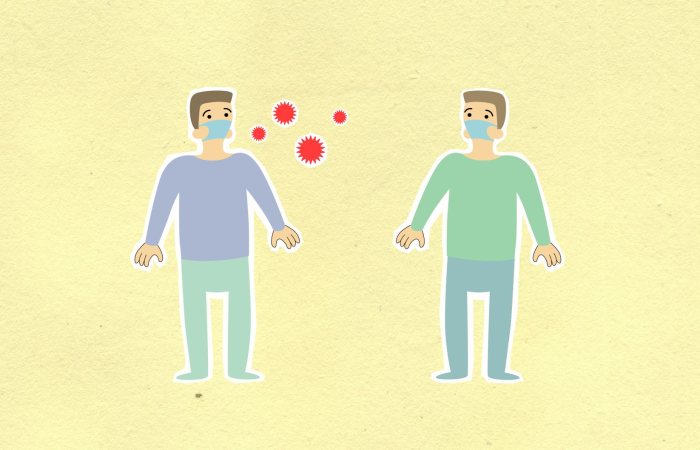 Paper cutout of men in protective masks surrounded with contagious viruses keeping social distancing on yellow background during coronavirus epidemic